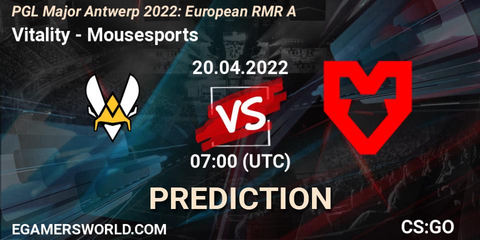 Prognoza Vitality - Mousesports. 20.04.2022 at 07:00, Counter-Strike (CS2), PGL Major Antwerp 2022: European RMR A