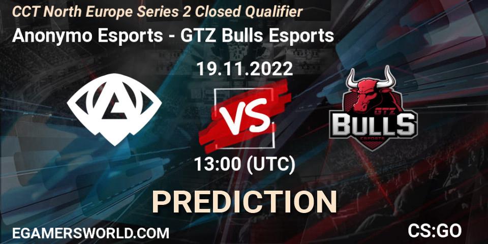Prognoza Anonymo Esports - GTZ Bulls Esports. 19.11.2022 at 13:00, Counter-Strike (CS2), CCT North Europe Series 2 Closed Qualifier