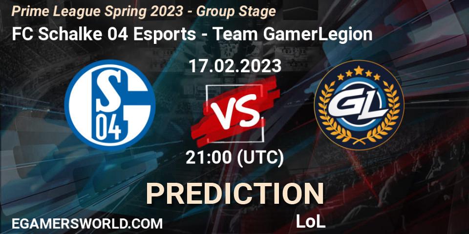 Prognoza FC Schalke 04 Esports - Team GamerLegion. 17.02.2023 at 17:00, LoL, Prime League Spring 2023 - Group Stage