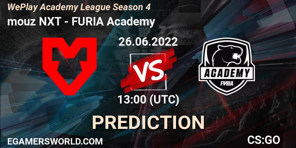Prognoza mouz NXT - FURIA Academy. 26.06.2022 at 13:00, Counter-Strike (CS2), WePlay Academy League Season 4