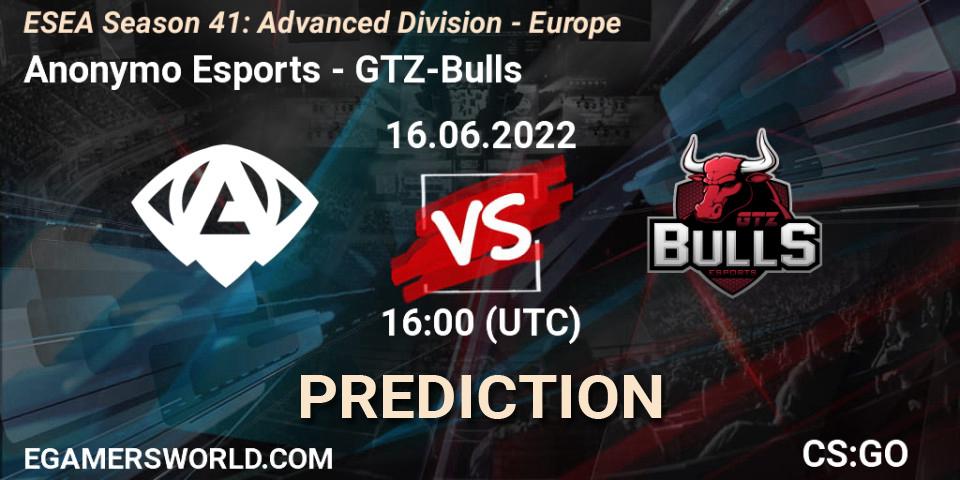 Prognoza Anonymo Esports - GTZ-Bulls. 16.06.2022 at 16:00, Counter-Strike (CS2), ESEA Season 41: Advanced Division - Europe