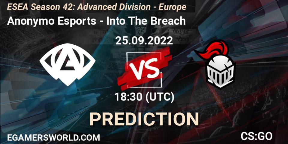 Prognoza Anonymo Esports - Into The Breach. 25.09.2022 at 18:30, Counter-Strike (CS2), ESEA Season 42: Advanced Division - Europe