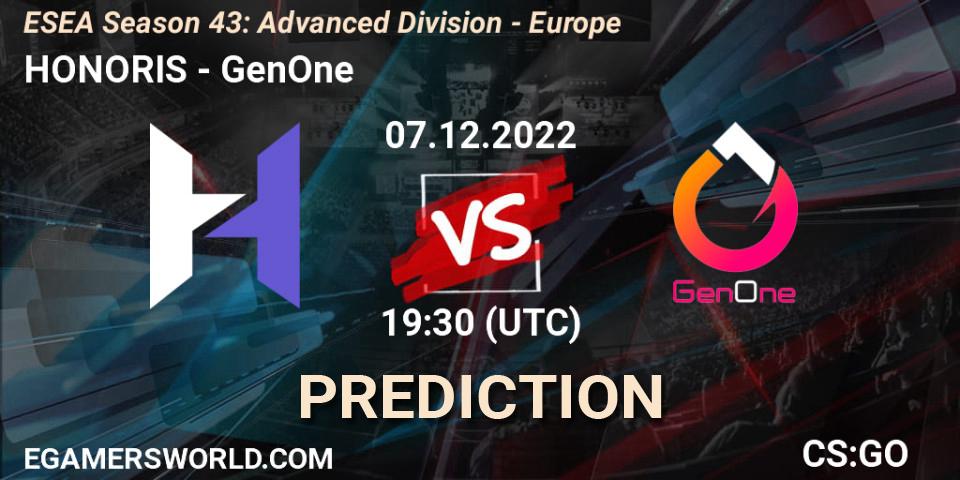 Prognoza HONORIS - GenOne. 07.12.22, CS2 (CS:GO), ESEA Season 43: Advanced Division - Europe