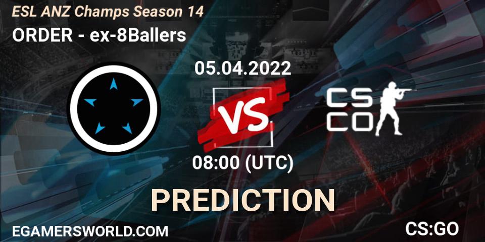 Prognoza ORDER - ex-8Ballers. 05.04.2022 at 08:00, Counter-Strike (CS2), ESL ANZ Champs Season 14