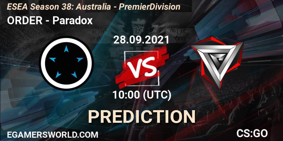 Prognoza ORDER - Paradox. 13.10.2021 at 09:00, Counter-Strike (CS2), ESEA Season 38: Australia - Premier Division