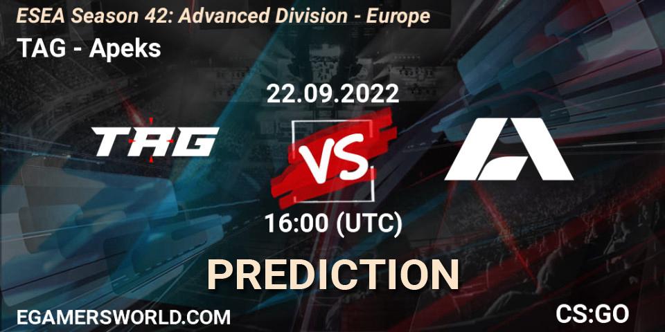 Prognoza TAG - Apeks. 22.09.2022 at 16:00, Counter-Strike (CS2), ESEA Season 42: Advanced Division - Europe