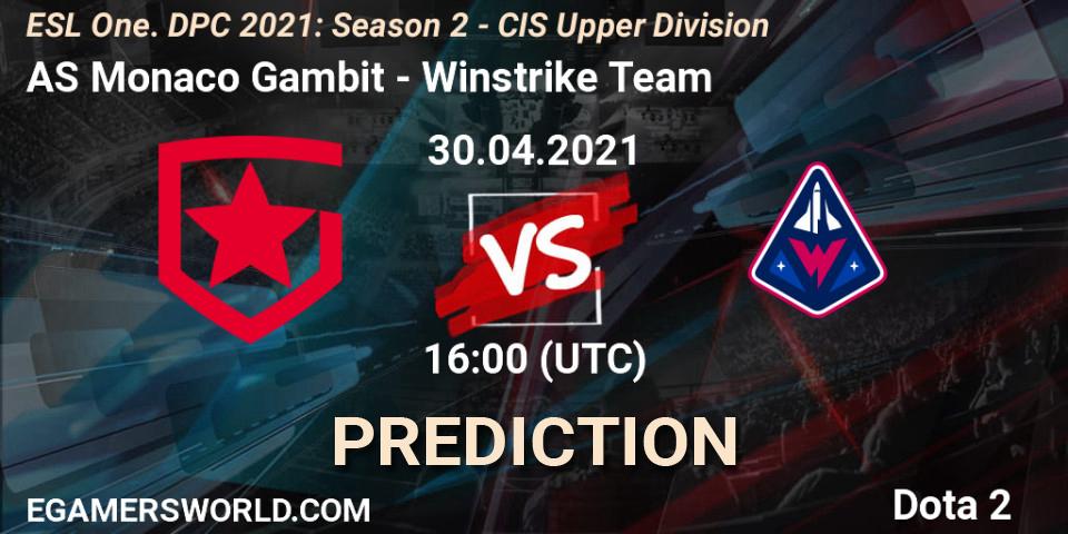 Prognoza AS Monaco Gambit - Winstrike Team. 30.04.2021 at 15:55, Dota 2, ESL One. DPC 2021: Season 2 - CIS Upper Division