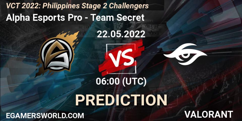 Prognoza Alpha Esports Pro - Team Secret. 22.05.2022 at 07:00, VALORANT, VCT 2022: Philippines Stage 2 Challengers