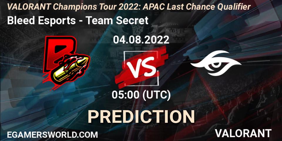 Prognoza Bleed Esports - Team Secret. 04.08.2022 at 05:00, VALORANT, VCT 2022: APAC Last Chance Qualifier