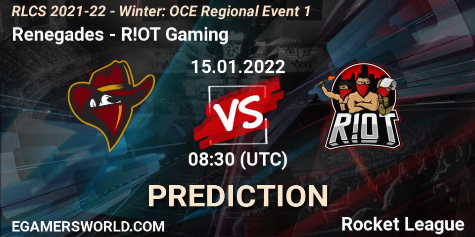 Prognoza Renegades - R!OT Gaming. 15.01.2022 at 09:00, Rocket League, RLCS 2021-22 - Winter: OCE Regional Event 1
