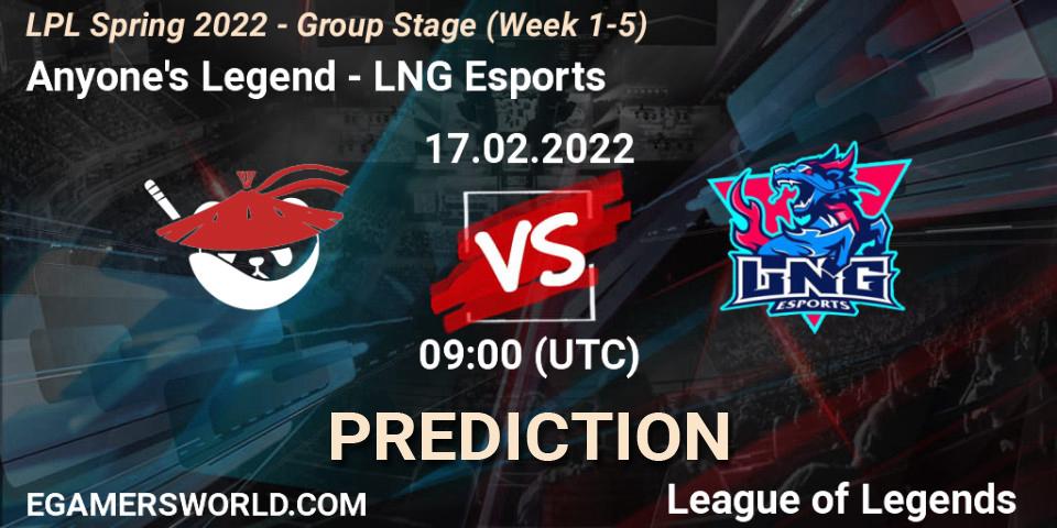 Prognoza Anyone's Legend - LNG Esports. 17.02.2022 at 09:00, LoL, LPL Spring 2022 - Group Stage (Week 1-5)
