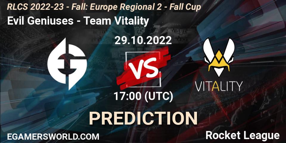 Prognoza Evil Geniuses - Team Vitality. 29.10.22, Rocket League, RLCS 2022-23 - Fall: Europe Regional 2 - Fall Cup