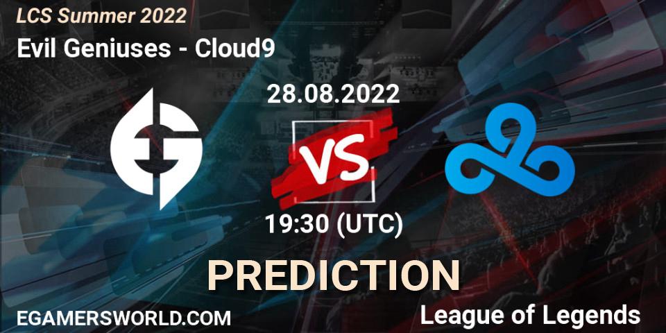 Prognoza Evil Geniuses - Cloud9. 28.08.2022 at 20:00, LoL, LCS Summer 2022