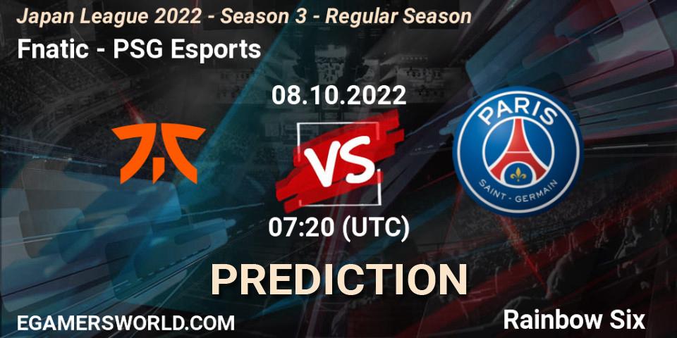 Prognoza Fnatic - PSG Esports. 08.10.2022 at 07:20, Rainbow Six, Japan League 2022 - Season 3 - Regular Season
