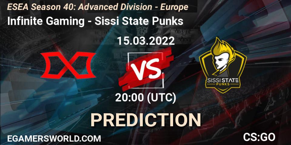 Prognoza Infinite Gaming - Sissi State Punks. 15.03.2022 at 20:00, Counter-Strike (CS2), ESEA Season 40: Advanced Division - Europe