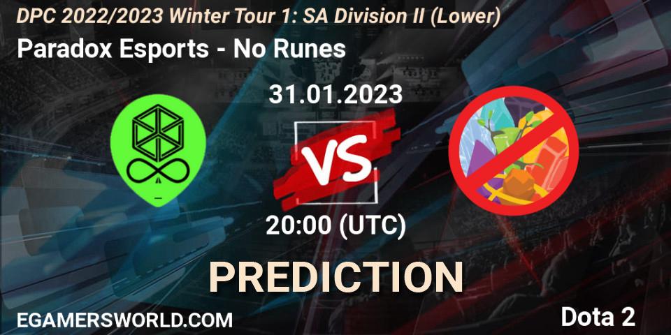Prognoza Paradox Esports - No Runes. 31.01.23, Dota 2, DPC 2022/2023 Winter Tour 1: SA Division II (Lower)