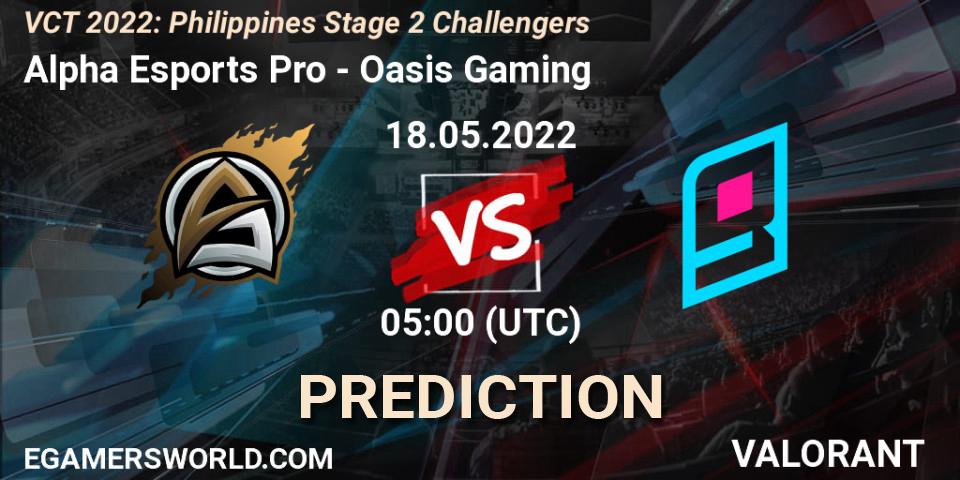 Prognoza Alpha Esports Pro - Oasis Gaming. 18.05.2022 at 05:00, VALORANT, VCT 2022: Philippines Stage 2 Challengers