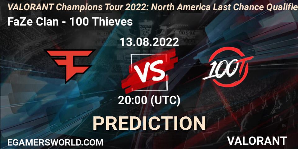 Prognoza FaZe Clan - 100 Thieves. 13.08.2022 at 20:10, VALORANT, VCT 2022: North America Last Chance Qualifier