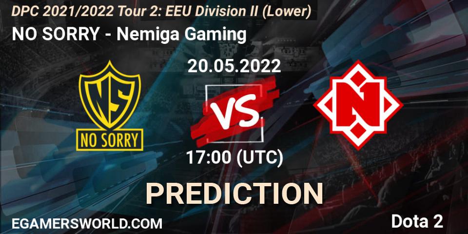 Prognoza NO SORRY - Nemiga Gaming. 20.05.2022 at 16:59, Dota 2, DPC 2021/2022 Tour 2: EEU Division II (Lower)