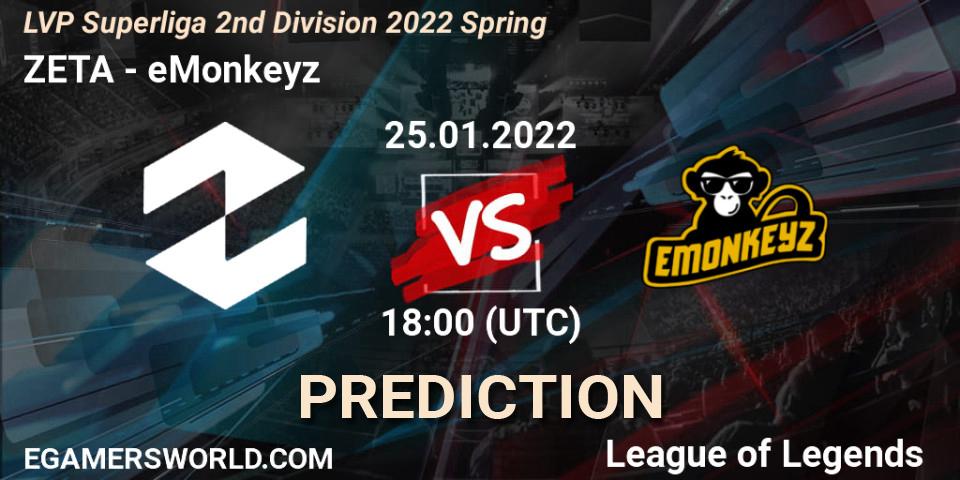 Prognoza ZETA - eMonkeyz. 25.01.2022 at 17:00, LoL, LVP Superliga 2nd Division 2022 Spring