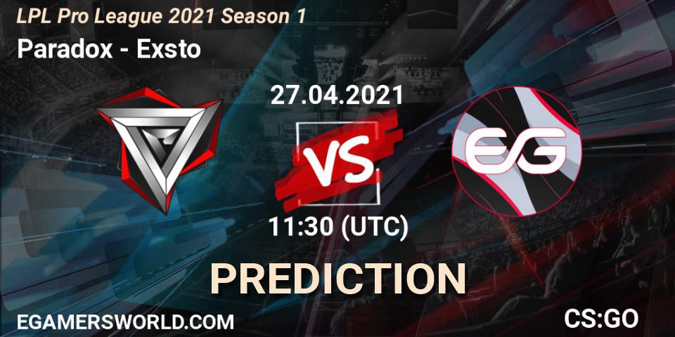 Prognoza Paradox - Exsto. 27.04.2021 at 11:10, Counter-Strike (CS2), LPL Pro League 2021 Season 1