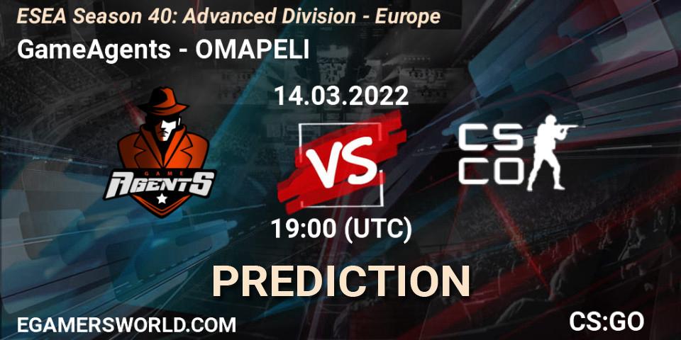Prognoza GameAgents - OMAPELI. 14.03.2022 at 19:00, Counter-Strike (CS2), ESEA Season 40: Advanced Division - Europe