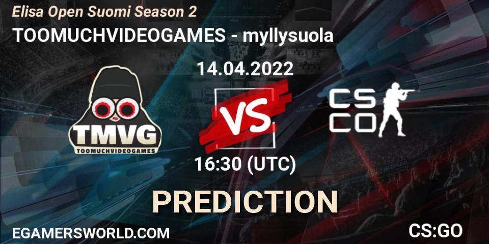 Prognoza TOOMUCHVIDEOGAMES - myllysuola. 14.04.2022 at 16:30, Counter-Strike (CS2), Elisa Open Suomi Season 2
