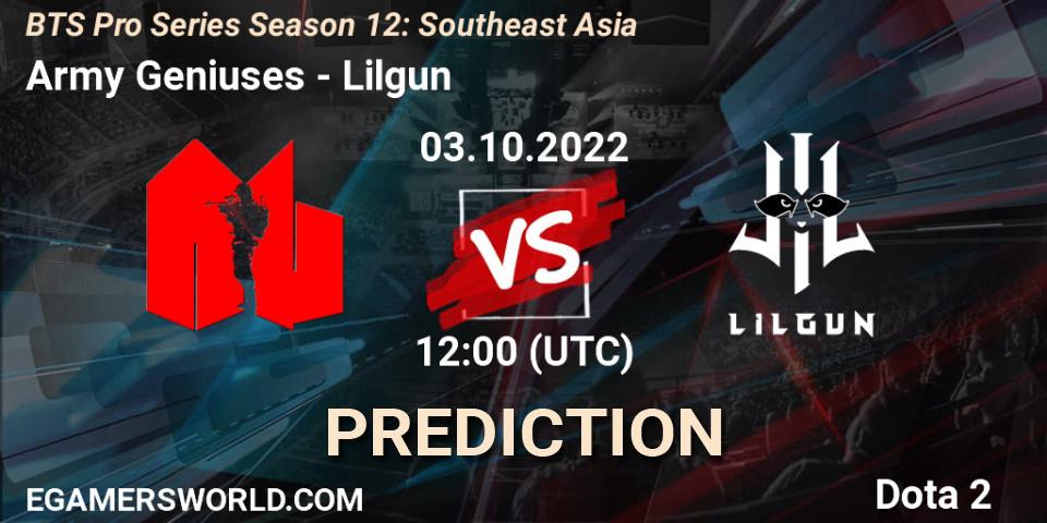 Prognoza Army Geniuses - Lilgun. 03.10.2022 at 13:00, Dota 2, BTS Pro Series Season 12: Southeast Asia