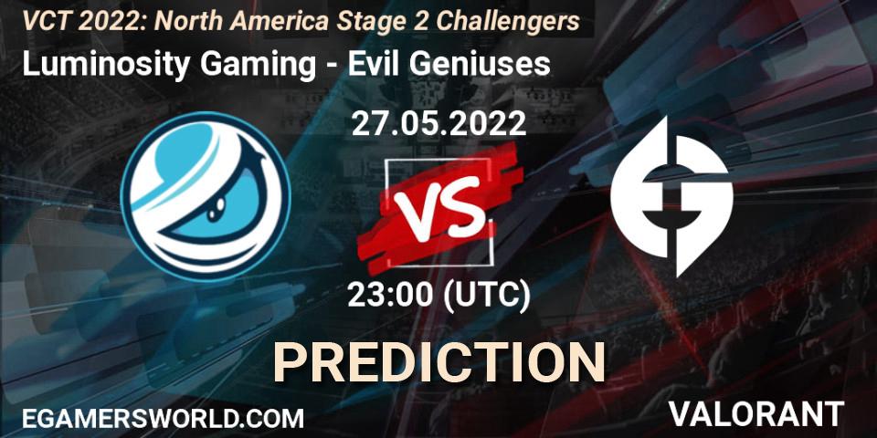 Prognoza Luminosity Gaming - Evil Geniuses. 27.05.2022 at 22:40, VALORANT, VCT 2022: North America Stage 2 Challengers