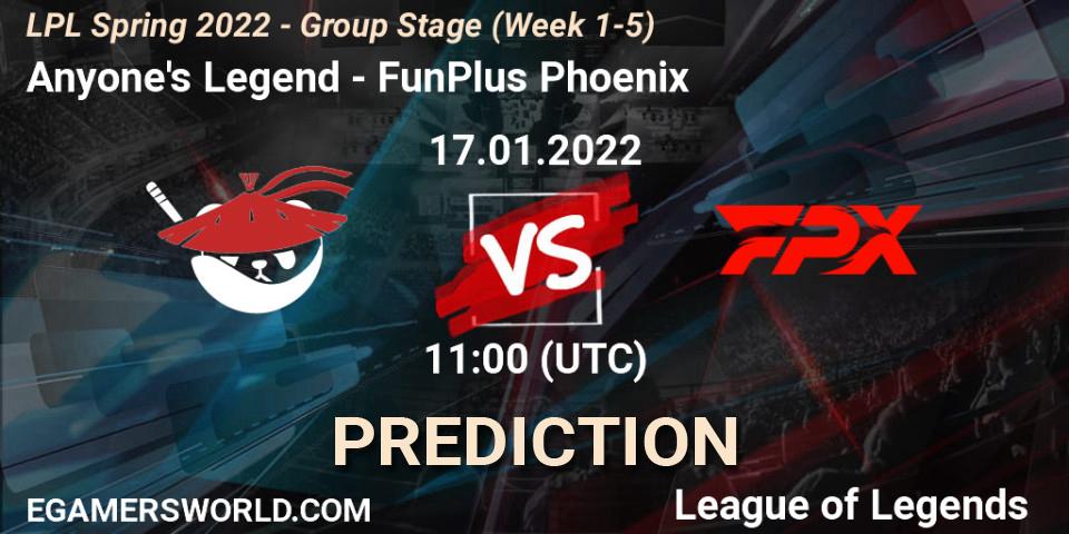 Prognoza Anyone's Legend - FunPlus Phoenix. 17.01.22, LoL, LPL Spring 2022 - Group Stage (Week 1-5)
