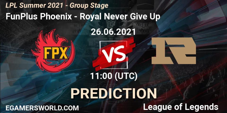 Prognoza FunPlus Phoenix - Royal Never Give Up. 26.06.2021 at 11:00, LoL, LPL Summer 2021 - Group Stage
