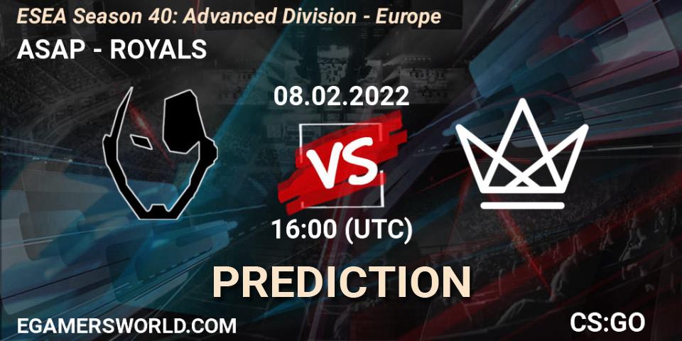 Prognoza ASAP - ROYALS. 08.02.2022 at 16:00, Counter-Strike (CS2), ESEA Season 40: Advanced Division - Europe
