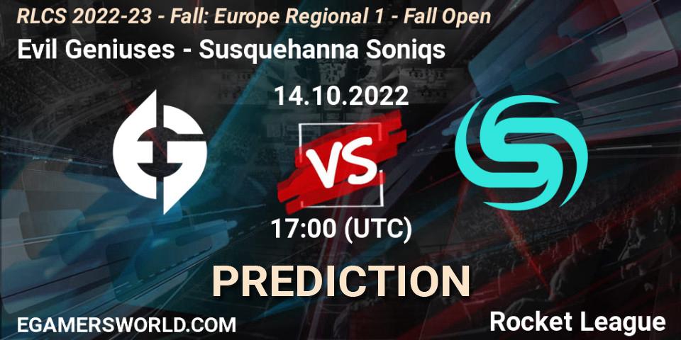 Prognoza Evil Geniuses - Susquehanna Soniqs. 14.10.2022 at 15:00, Rocket League, RLCS 2022-23 - Fall: Europe Regional 1 - Fall Open