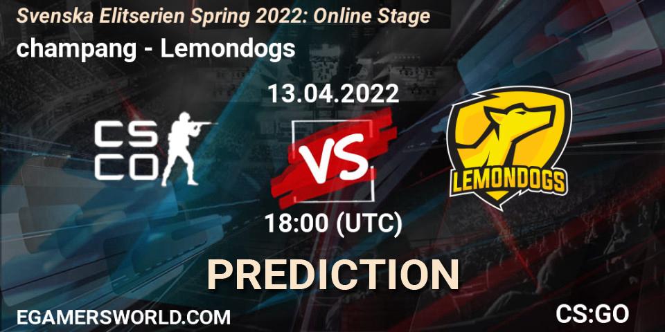 Prognoza champang - Lemondogs. 13.04.2022 at 18:00, Counter-Strike (CS2), Svenska Elitserien Spring 2022: Online Stage