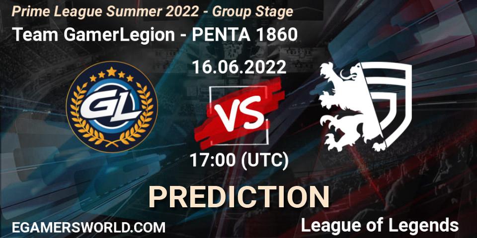 Prognoza Team GamerLegion - PENTA 1860. 16.06.2022 at 17:00, LoL, Prime League Summer 2022 - Group Stage