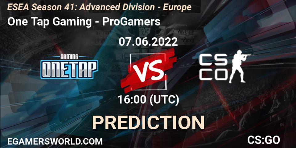 Prognoza One Tap Gaming - ProGamers. 07.06.2022 at 16:00, Counter-Strike (CS2), ESEA Season 41: Advanced Division - Europe
