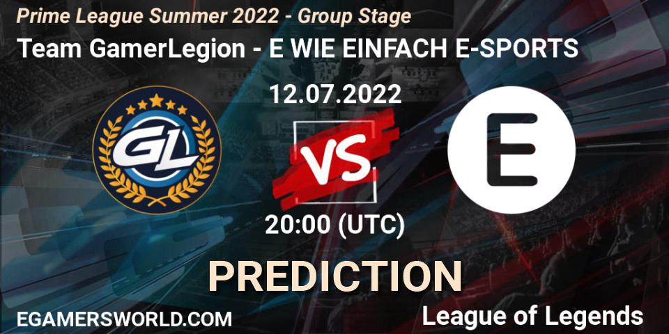 Prognoza Team GamerLegion - E WIE EINFACH E-SPORTS. 12.07.2022 at 20:00, LoL, Prime League Summer 2022 - Group Stage