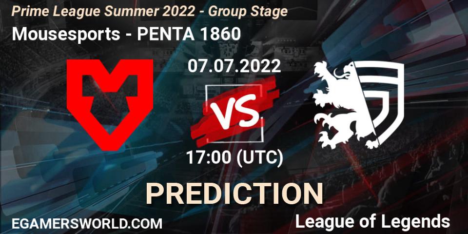 Prognoza Mousesports - PENTA 1860. 07.07.2022 at 16:00, LoL, Prime League Summer 2022 - Group Stage