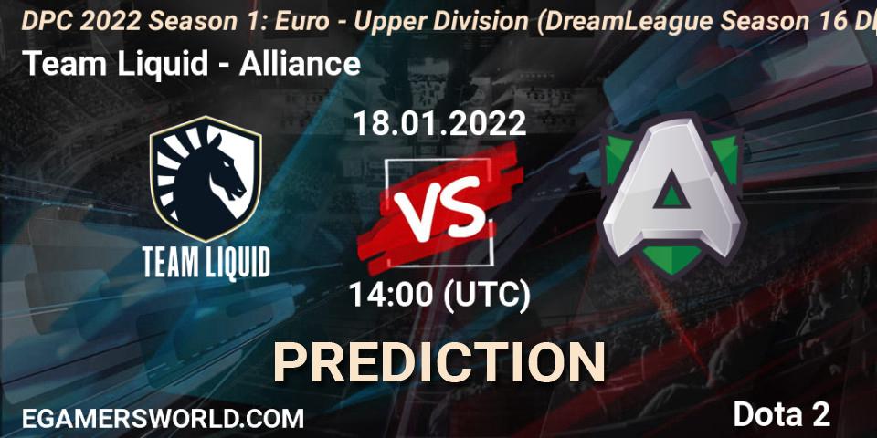 Prognoza Team Liquid - Alliance. 18.01.2022 at 13:55, Dota 2, DPC 2022 Season 1: Euro - Upper Division (DreamLeague Season 16 DPC WEU)