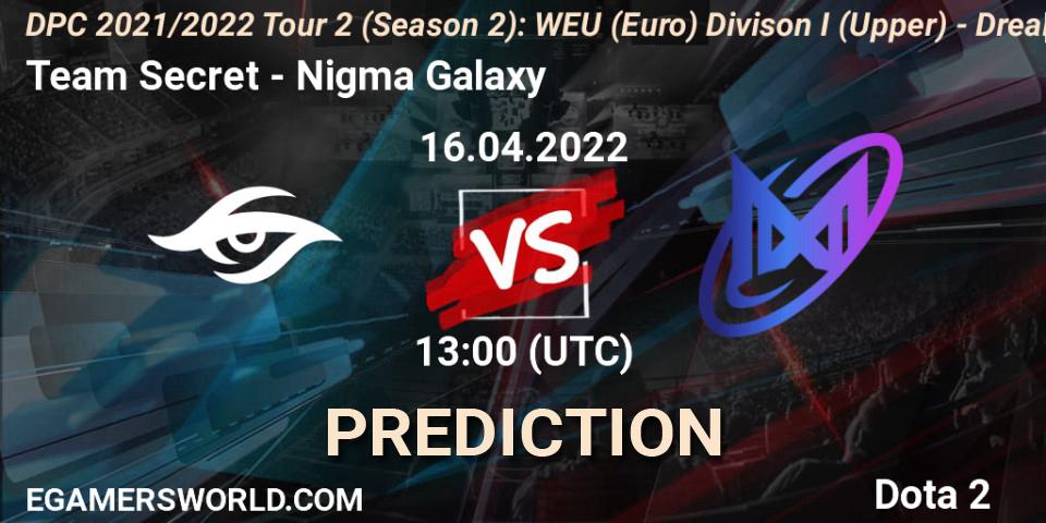 Prognoza Team Secret - Nigma Galaxy. 16.04.2022 at 12:57, Dota 2, DPC 2021/2022 Tour 2 (Season 2): WEU (Euro) Divison I (Upper) - DreamLeague Season 17