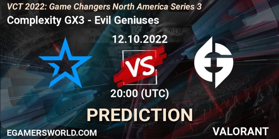Prognoza Complexity GX3 - Evil Geniuses. 12.10.2022 at 20:10, VALORANT, VCT 2022: Game Changers North America Series 3