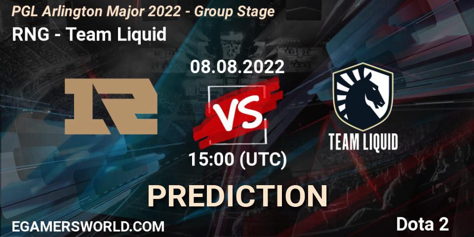 Prognoza RNG - Team Liquid. 08.08.2022 at 15:00, Dota 2, PGL Arlington Major 2022 - Group Stage