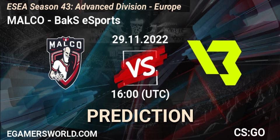Prognoza MALCO - BakS eSports. 29.11.22, CS2 (CS:GO), ESEA Season 43: Advanced Division - Europe