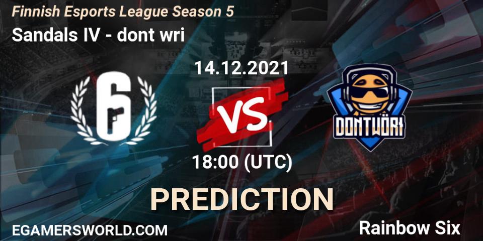 Prognoza Sandals IV - dont wöri. 14.12.2021 at 18:00, Rainbow Six, Finnish Esports League Season 5