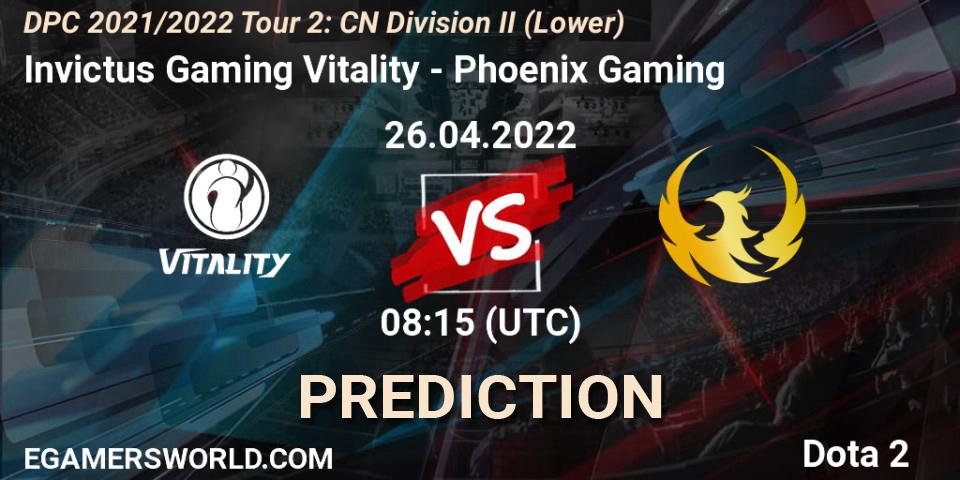 Prognoza Invictus Gaming Vitality - Phoenix Gaming. 26.04.2022 at 08:22, Dota 2, DPC 2021/2022 Tour 2: CN Division II (Lower)
