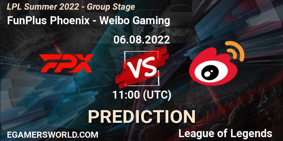 Prognoza FunPlus Phoenix - Weibo Gaming. 06.08.2022 at 12:00, LoL, LPL Summer 2022 - Group Stage