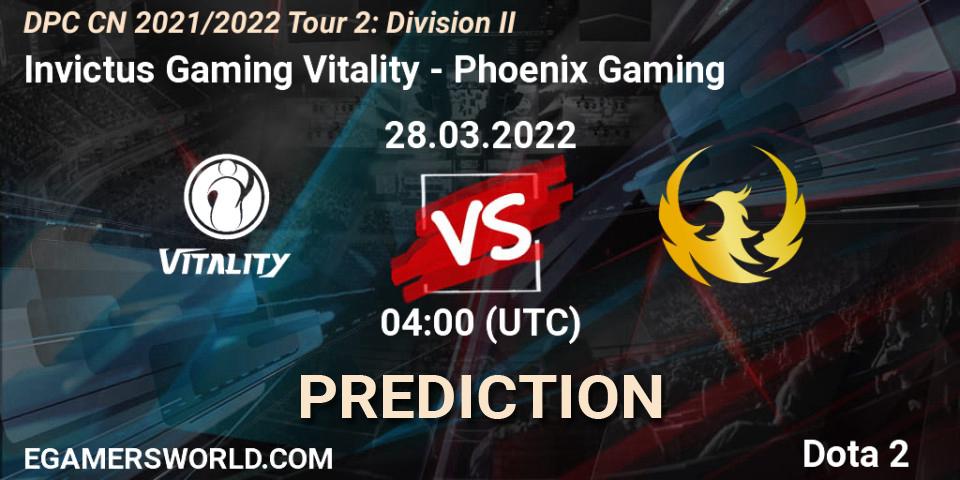 Prognoza Invictus Gaming Vitality - Phoenix Gaming. 28.03.2022 at 04:04, Dota 2, DPC 2021/2022 Tour 2: CN Division II (Lower)