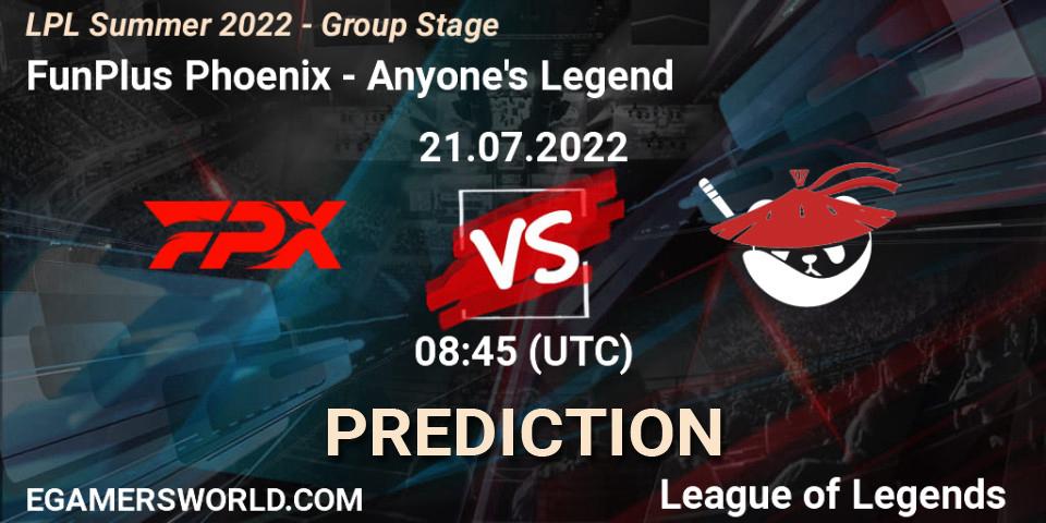 Prognoza FunPlus Phoenix - Anyone's Legend. 21.07.2022 at 09:00, LoL, LPL Summer 2022 - Group Stage