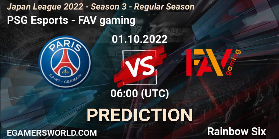 Prognoza PSG Esports - FAV gaming. 01.10.2022 at 06:00, Rainbow Six, Japan League 2022 - Season 3 - Regular Season