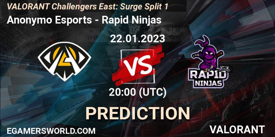 Prognoza Anonymo Esports - Rapid Ninjas. 22.01.2023 at 20:40, VALORANT, VALORANT Challengers 2023 East: Surge Split 1